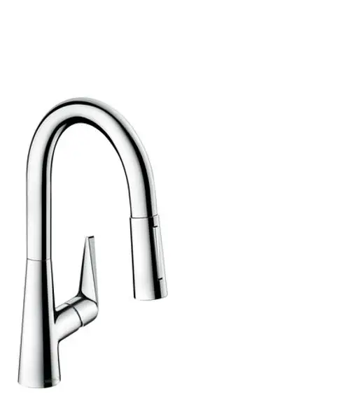 Küchenarmatur von Hansgrohe mit flexibler Ausziehbrause. Der Chrom-Finish sorgt für einen modernen Look. Ideal für den täglichen Gebrauch in der Küche.